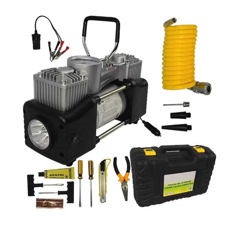 Compresor aer auto 12V PREMIUM 2 cilindri + accesorii