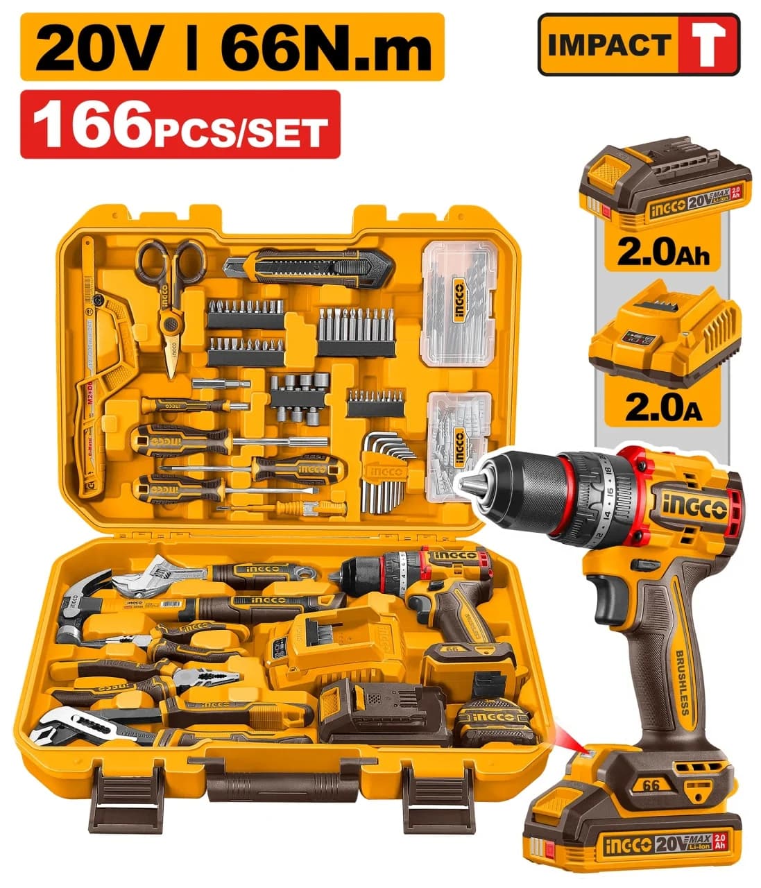 Set bormașină cu impact Ingco HKTHP41662E, 20V, 66Nm