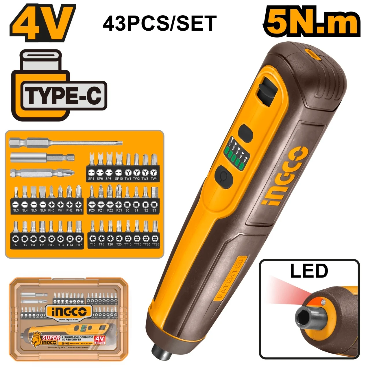 Șurubelniță electrică 4V 5Nm, set 43 piese, CSDLI04062
