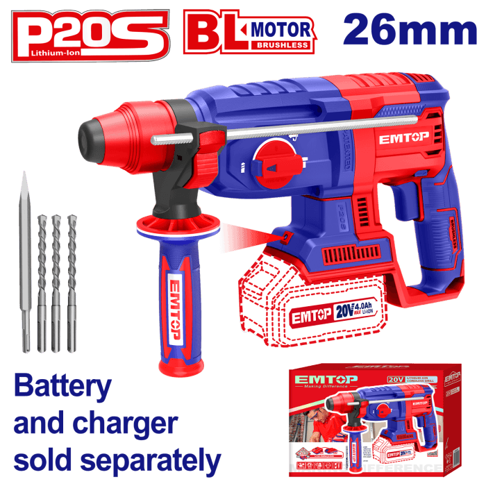 Ciocan rotopercutor EMTOP ELRH20228, SDS-plus, 26mm, 4 accesorii (fără acumulator și încărcător)